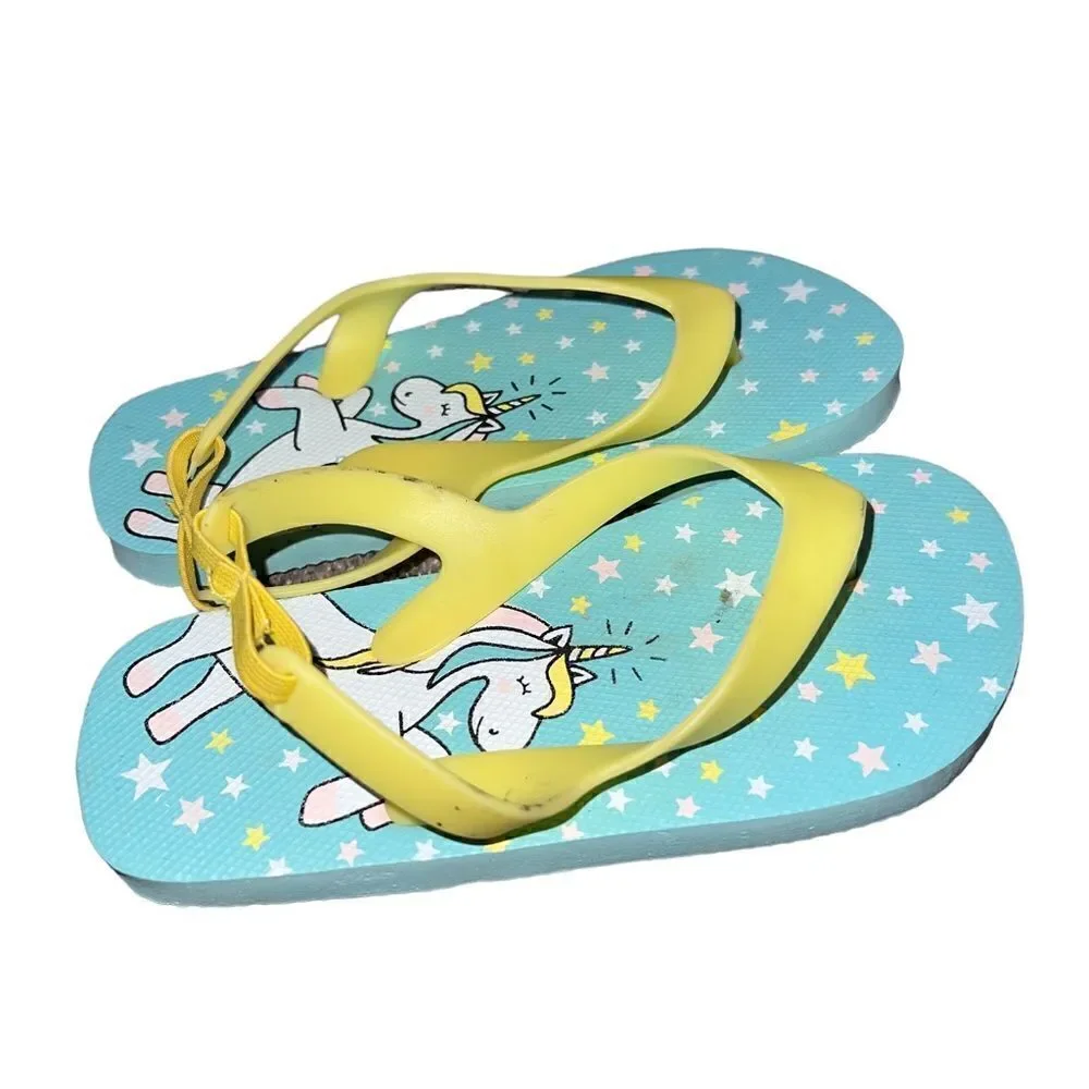 Adorable blue and yellow unicorn flip flops girls size‎ 7/8